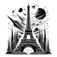 Black and White Illustration of the Eiffel Tower Sightseeing in Paris vector