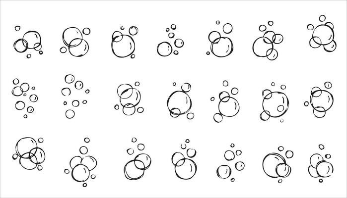 Water bubble. Outline air soap. Sketch foam drawing. Aqua sparkle, doodle pure clean underwater gas. Set of Bath effect isolated on white