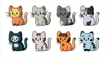 gato dibujos animados colocar. linda gatito personaje, contento gatito dibujo aislado en blanco. contorno vistoso diferente animal retrato vector