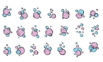 Water bubble. Outline air soap. Sketch foam drawing. Aqua pink blue sparkle, doodle pure clean underwater gas. Set of Bath effect isolated on white vector