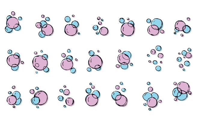 Water bubble. Outline air soap. Sketch foam drawing. Aqua pink blue sparkle, doodle pure clean underwater gas. Set of Bath effect isolated on white