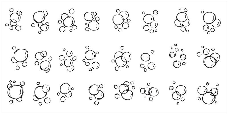 Water bubble. Sketch foam drawing. Aqua sparkle, doodle pure clean underwater gas. Set of Bath effect isolated on white. Outline air soap