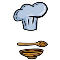 Chef hat. Wooden spoon. Cartoon drawn illustration. Cook white Clothes. Element of the restaurant and cafe vector