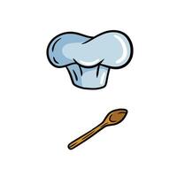Chef hat. Wooden spoon. Cartoon drawn illustration. Cook white Clothes. Element of the restaurant and cafe vector