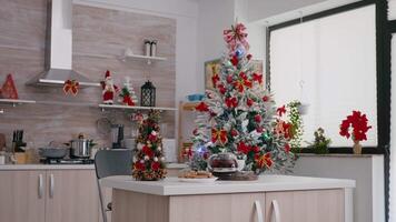 Empty xmas decorated kitchen with nobody in it is ready for traditional christmas holidays. On table standing cookies dessert and cup of coffee beside christmas tree video