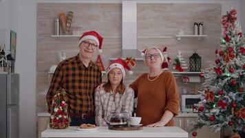 pov van grootouders met kleindochter bespreken winter vakantie met afgelegen vrienden gedurende online videogesprek vergadering conferentie. gelukkig familie vieren Kerstmis seizoen in Kerstmis versierd keuken video
