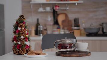 Xmas decorated kitchen with nobody in it during winter season waiting for guest. On table standing baked homemade traditional delicious cookies and cup of coffee with christmas tree beside video