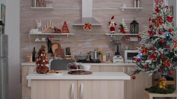 Empty xmas decorated kitchen with nobody in it is ready for christmas morning dessert. On table baked cookie dessert with cup of coffee waiting for guest during winter holidays video