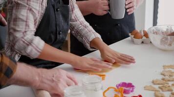 nieto utilizando galletas forma haciendo tradicional pan de jengibre masa preparando postre en Navidad decorado culinario cocina. contento familia disfrutando invierno temporada celebrando Navidad fiesta video