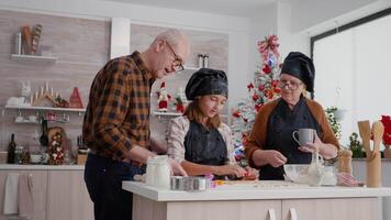 familia Cocinando tradicional pan de jengibre delicioso postre preparando galletas forma utilizando hecho en casa masa en culinario cocina. contento abuelos celebrando Navidad fiesta disfrutando invierno temporada video