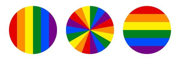 Set of three circles with a rainbow radiant pattern, vertical rainbow stripes and horizontal rainbow stripes. Round elements for Pride Month. illustration vector
