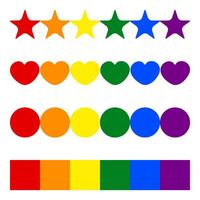 A series of colorful shapes neatly organized in rows. The top row contains stars, followed by hearts, circles and squares. Each row reflects the spectrum of the rainbow, moving from red to purple vector