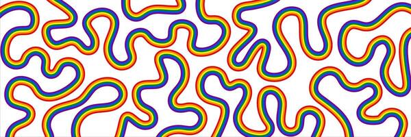 Lot of rainbow multicolored wavy lines flows in a random pattern, creating a vibrant and playful design against a white background. Abstract background for Pride Month. Pride banner vector