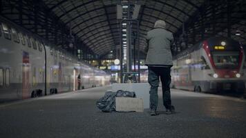 anziano senza casa uomo sofferenza a partire dal povertà guardare per Aiuto a treno stazione video