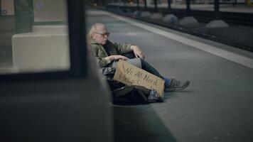 Depressed Unemployed Senior Homeless Beggar Being Poor After Job Loss video