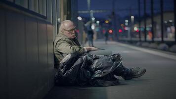 Depressed Unemployed Senior Homeless Beggar Being Poor After Job Loss video