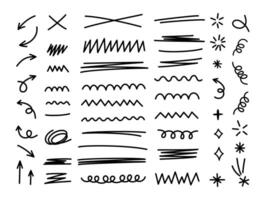 Escribiendo garabatear línea formas colocar. mano dibujado diseño elementos recopilación. negro cepillo golpes manojo. vector