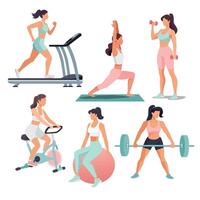 Workout girl set. Woman doing fitness exercises. vector