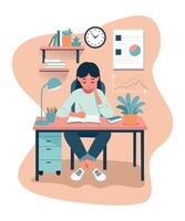 linda niña sentado en el escritorio y estudiando vector