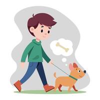 chico tomando su perro para un caminar al aire libre en naturaleza vector