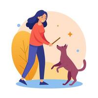 Woman training dog. Young playing with dog vector