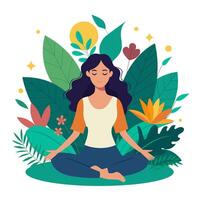 mujer meditando en naturaleza y hojas. yoga vector
