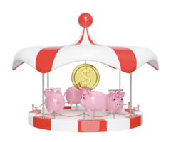 Carousel or merry go round with piggy bank, coin isolated. 3d render illustration png
