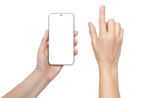 A womans hand holds a phone Mockup and the second hand with a finger presses a button or scrolls. Isolated on or transparent background png