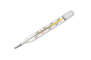 Mercury-in-glass thermometer with temperature mark 39,5 isolated on transparent background flat lay png