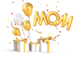 3d rendering white and golden gifts with mom balloons for Mother's day png