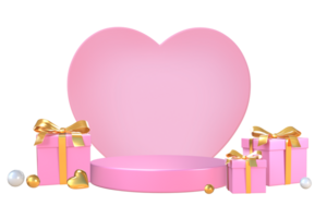 3d rendering pink gifts and podium with heart shaped background for product placement png