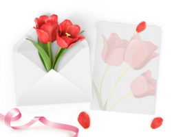 3d rendering envelope with red tulip flowers and card design png