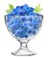 Fresh blueberries in a glass glass. Watercolor illustration for a postcard. A healthy dessert made from wild berries, a source of vitamins and antioxidants. Healthy huckleberry snack. png