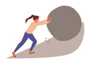 Suffering woman suffers from overload pushing large stone uphill, for concept of huge problems vector