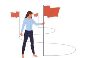 Business woman walks path to success and inserts winner flags on way to achieving professional goals vector