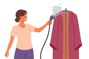 Steam iron in hand of woman caring for clothes after washing and enjoying housework vector