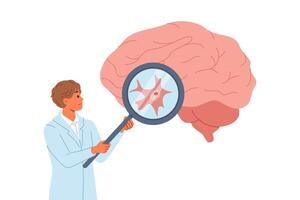 neurocirujano médico examina paciente grande cerebro para señales de malignidad o Alzheimer síntomas vector