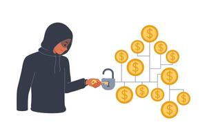 Man hacker hacks crypto vault with money to steal funds from blockchain wallet with gold coins vector