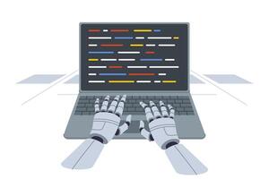 Hands of robot programmer typing code into laptop thanks to development of artificial intelligence vector