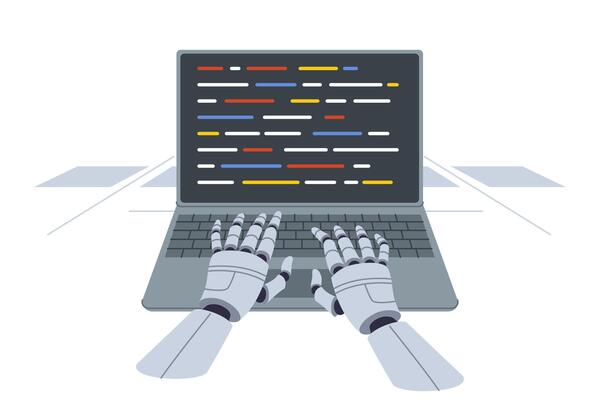 Hands of robot programmer typing code into laptop thanks to development of artificial intelligence
