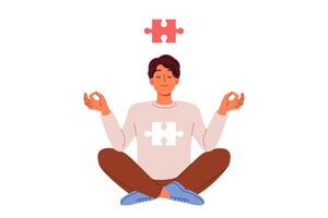 Man meditates sitting in lotus position and feels synchronization soul in form of puzzle and cosmos vector