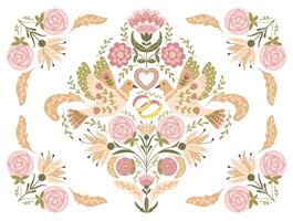 Wedding floral horizontal invitation or banner in retro folk style with animalistic symmetry composition with birds, rings and heart in muted colors. Botanical template for engagement card vector