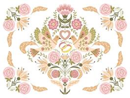 Wedding floral horizontal invitation or banner in retro folk style with animalistic symmetry composition with birds, rings and heart in muted colors. Botanical template for engagement card vector