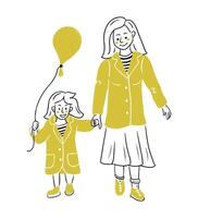 Doodle drawing of walking mother her daughter with balloon and same clothes. Contour hand drawn flat drawing isolated on white background. brining up concept for logo or sticker vector