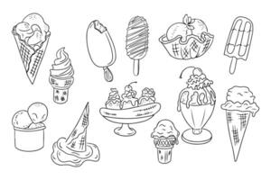 Black and white set of doodle ice cream drawings. Contour hand drawn illustration with different type of refreshing food isolated on white background. Good for stickers and coloring pages vector