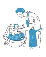 Doodle drawing of father washing newborn in bath. health care and growing up concept for logo. Contour flat sketchy illustration in blue and black colors isolated on white background. vector