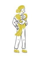 Doodle illustration of mother with toddler in sling walking outdoor. Outline flat sketchy drawing isolated on white background. health care and bringing up concept for logo vector