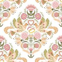 Vintage wedding seamless pattern with symmetrical square composition in folk floral style. Flat fantasy birds, flowers and rings in boho style and muted colors. Trendy print design for textile vector
