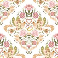 Clásico Boda sin costura modelo con simétrico cuadrado composición en gente floral estilo. plano fantasía aves, flores y anillos en boho estilo y apagado colores. de moda impresión diseño para textil vector