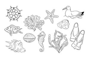 Summer vacation doodle set with fish, seaweeds and seashells. Collection of sketchy contour drawings on the seaside isolated on white background. Monochrome black outline stickers vector